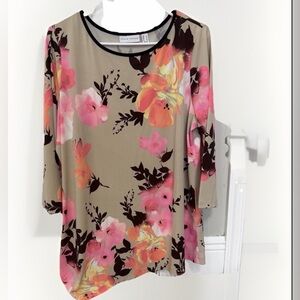 Susan Graver Tunic Shirt Size XL Floral Print 3/4 Long Sleeve Tan Polyester NWOT